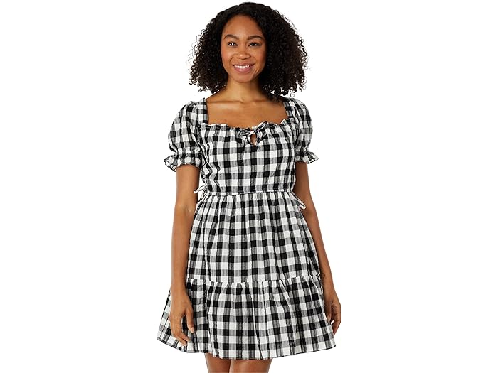 (取寄) メイドウェル スクエア-ネック ティアード ミニ ドレス イン ギンガム シアサッカー Madewell Square-Neck Tiered Mini Dress in Gingham Seersucker True Black