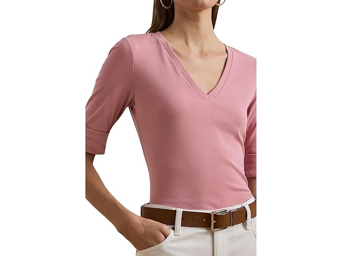 (���) ���åȥ� ����ܡ� ���꡼�� V �ͥå� �ƥ��� Stretch Cotton Elbow-Sleeve V-Neck Tee Rose Mauve