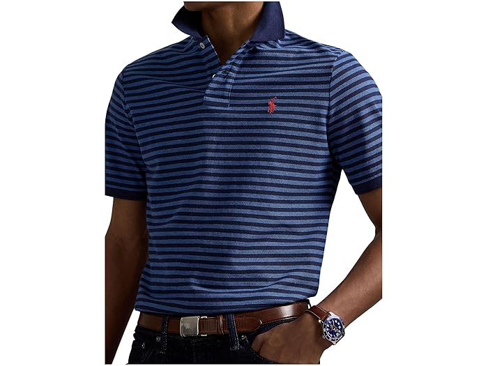 (���) ���ե������ ���饷�å� �ե��å� ���ȥ饤�ץ� ��å��� �ݥ� ����� Polo Ralph Lauren Classic Fit Striped Mesh Polo Shirt Fog Blue Heather/Newport Navy