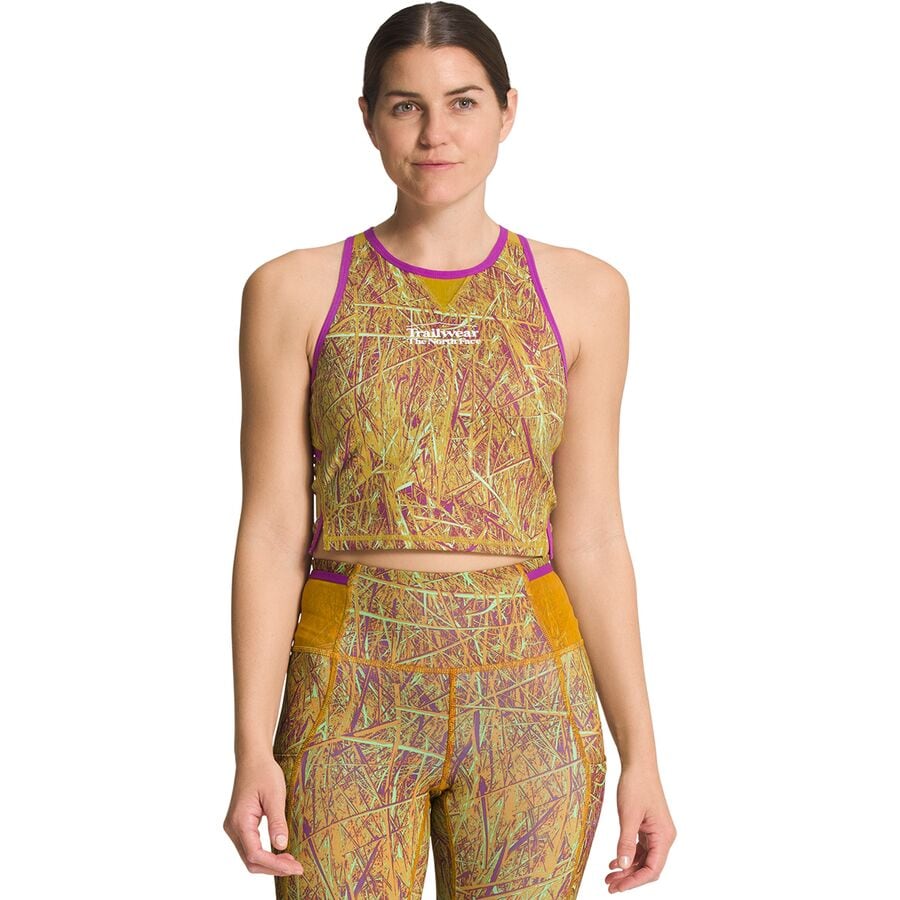 () m[XtFCX fB[X gCEFA u ^N gbv The North Face women Trailwear QTM Bra Tank Top - Women's Arrowwood Yellow Field Texture Print