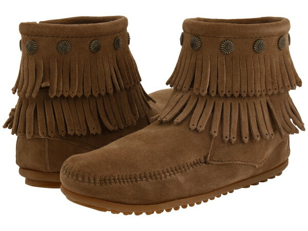 (取寄)ミネトンカ レディース ダブル フリンジ サイド ジップ ブーツ Minnetonka Women Double Fringe Side Zip Boot Taupe Suede