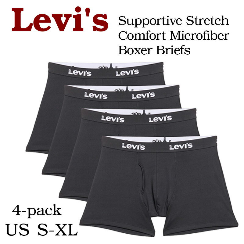 リーバイス メンズ ボクサーパンツ 4枚 セット コンフォート ストレッチ マイクロファイバー ボクサー ブリーフ 下着 肌着 4枚組 おしゃれ ブランド 大きいサイズ カジュアル シンプル 無地 ロゴ Levi 039 s Supportive Stretch Comfort Microfiber Boxer Briefs 4-Pack Black