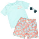 (取寄) トドラー ボーイズ ラッシュ ガード アンド スイム ショーツ セット ウィズ サングラス - ショート スリーブ WONDERLUXE Toddler Boys Rash Guard and Swim Shorts Set with Sunglasses - Short Sleeve Blue/Coral