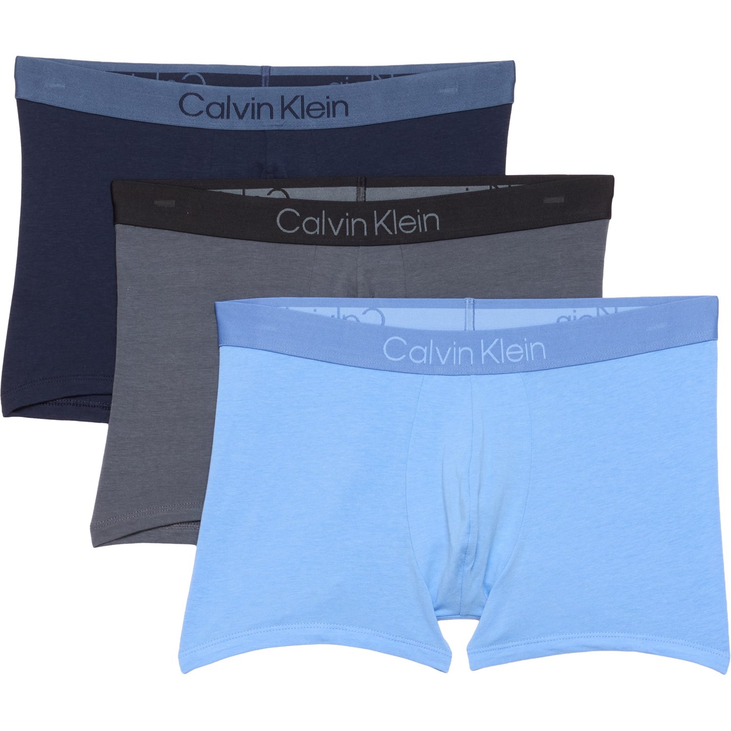 (取寄) カルバンクライン トランクス - 3-パック, オーガニック コットン Calvin Klein Modal-Blend Trunks - 3-Pack, Organic Cotton Shoreline/Turbulence/Blue Descent
