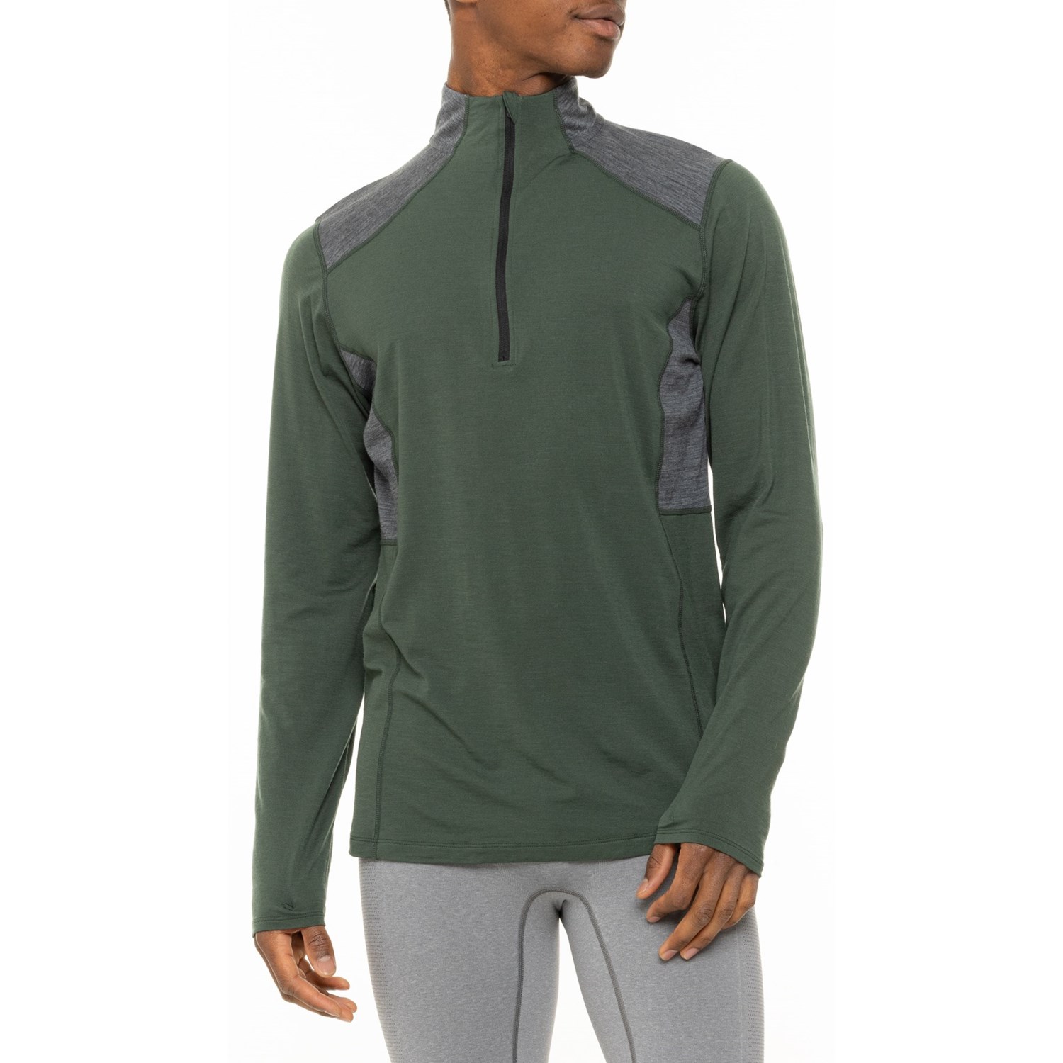 (取寄) ホットチリ クリマ-ウール ジップ ネック ベース レイヤー トップ - Upf 30+, メリノ ウール, ロング スリーブ Hot Chillys Clima-Wool Zip Neck Base Layer Top - UPF 30+, Merino Wool, Long Sleeve Od Green/Grey Heather(4)