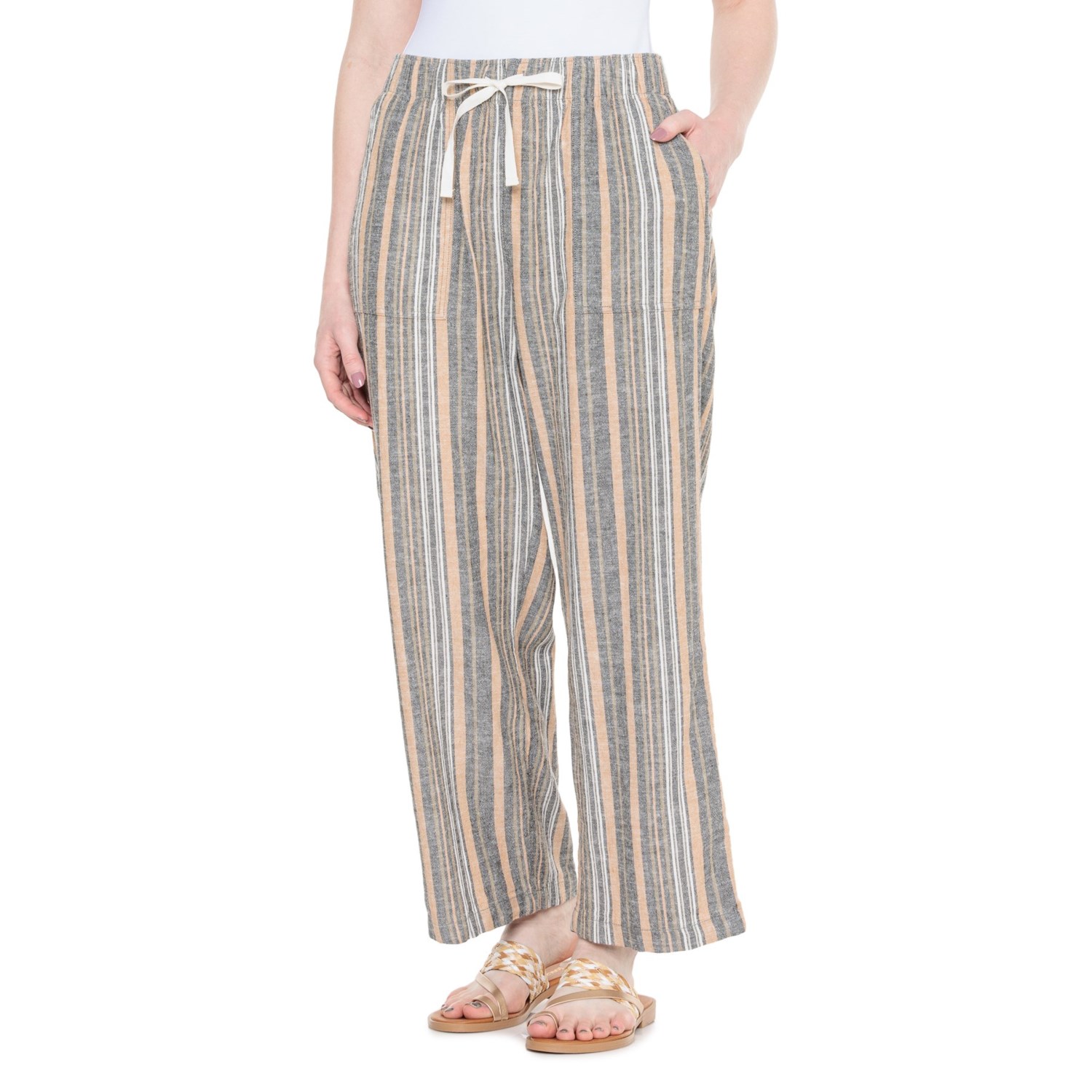 () bL[uh XgCvh v-I Ch-bO pc - l Lucky Brand Striped Pull-On Wide-Leg Pants - Linen Black Stripe