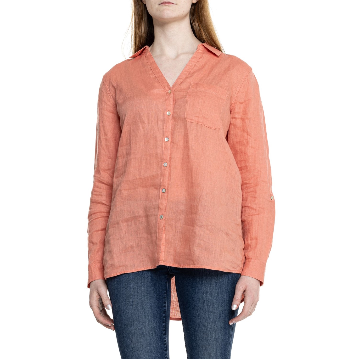 () VObhIZ {^tg Vc - l, O X[u Sigrid Olsen Button-Front Shirt - Linen, Long Sleeve Burnt Coral