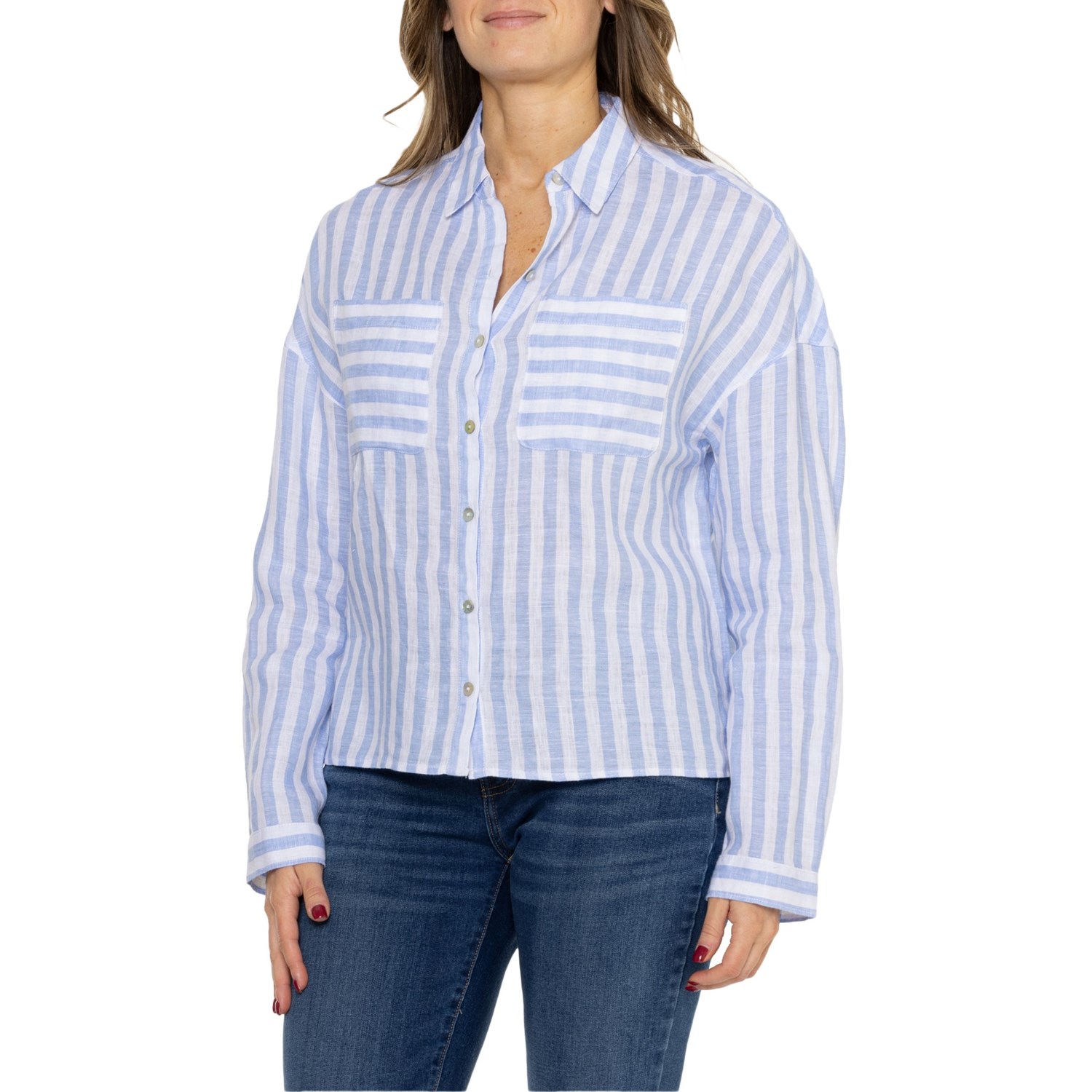 () CCJtHjA I[o[TCY |Pbg Vc - l, O X[u C&C California Oversized Pocket Shirt - Linen, Long Sleeve Railroad Stripe- 023 Cornflower
