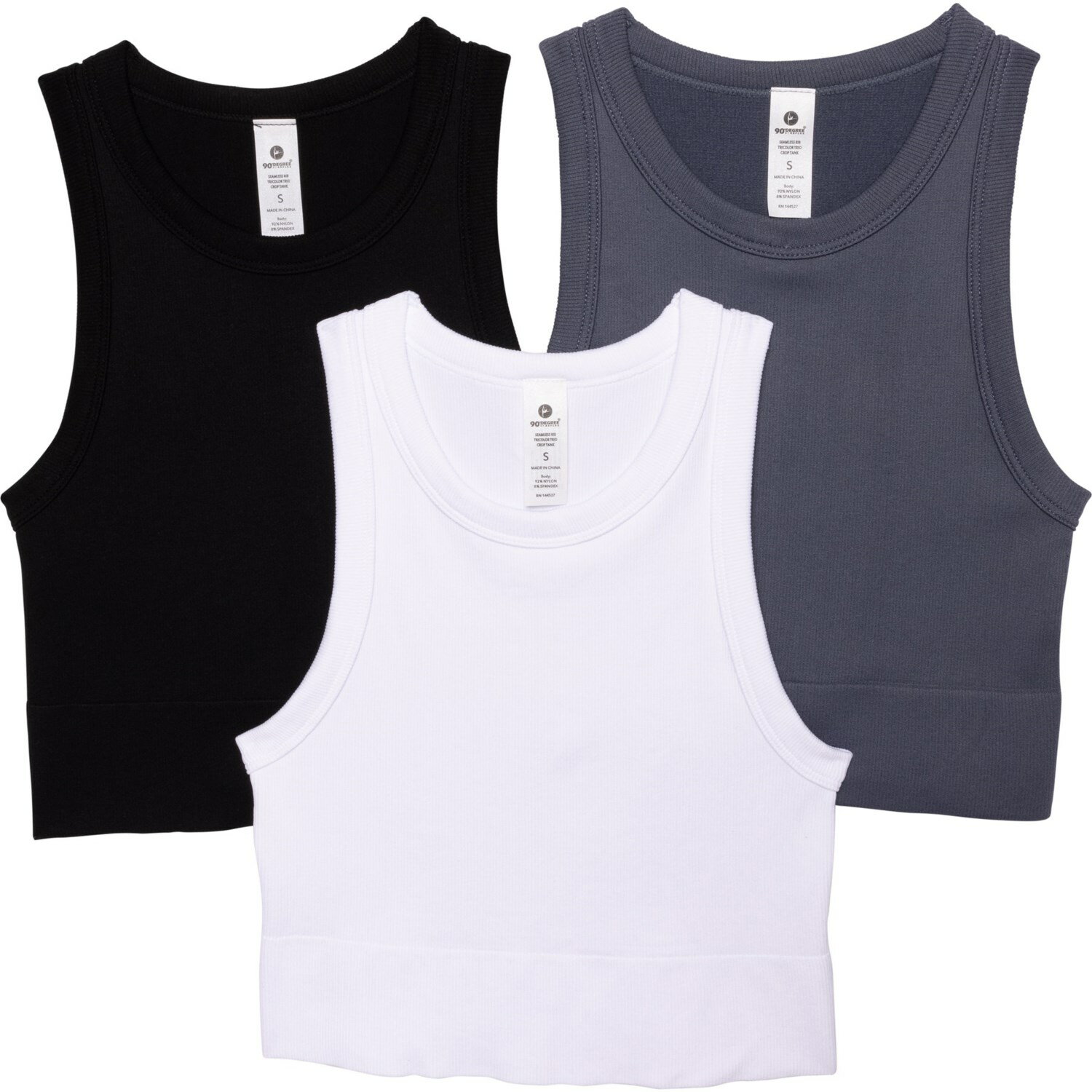 () 90fBO[oCtbNX V[X uh Nbv ^N gbvX - 3-pbN 90 Degree by Reflex Seamless Ribbed Crop Tank Tops - 3-Pack Grisaille/White/Black