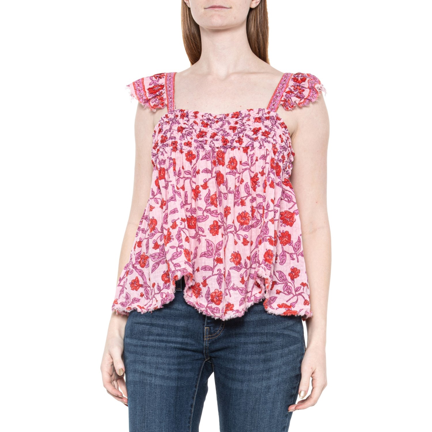 () t[s[v i[ vebh xr[h[ Vc - X[uX Free People Nala Printed Babydoll Shirt - Sleeveless Pink Combo