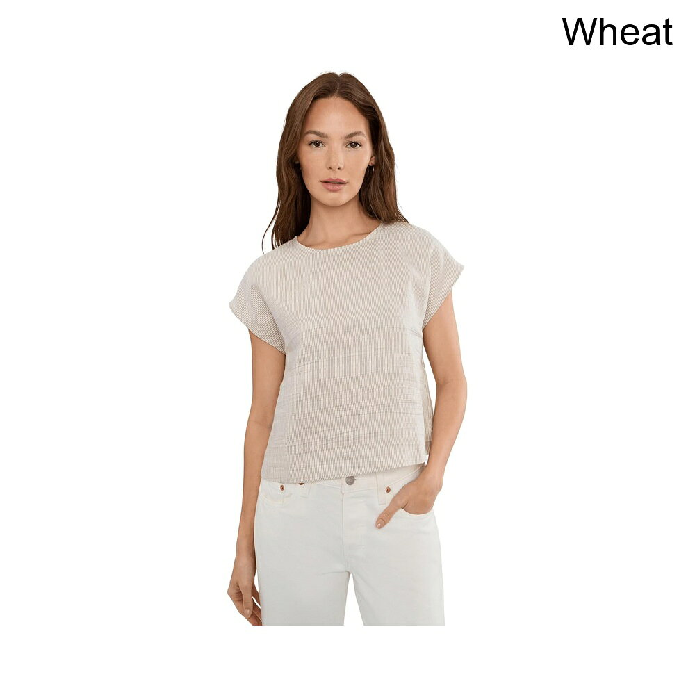 (取寄) イーリー・フィッシャー プチストライプオーガニックリネンシーンラウンドネックトップ eileen fisher Petite Striped Organic Linen Sheen Round Neck Top