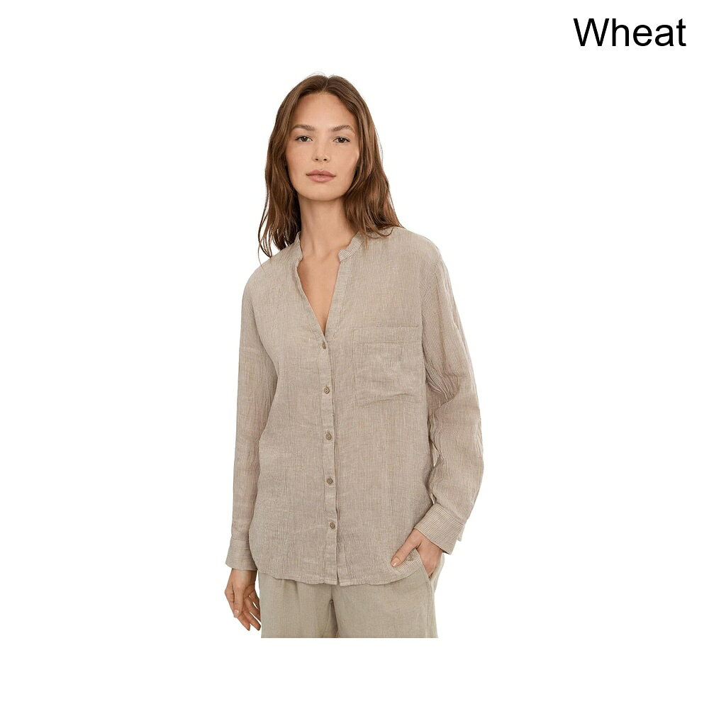 (取寄) イーリー・フィッシャー パッカードオーガニックリネンストライプマンダリンカラーシャツ eileen fisher Puckered Organic Linen Stripe Mandarin Collar Shirt