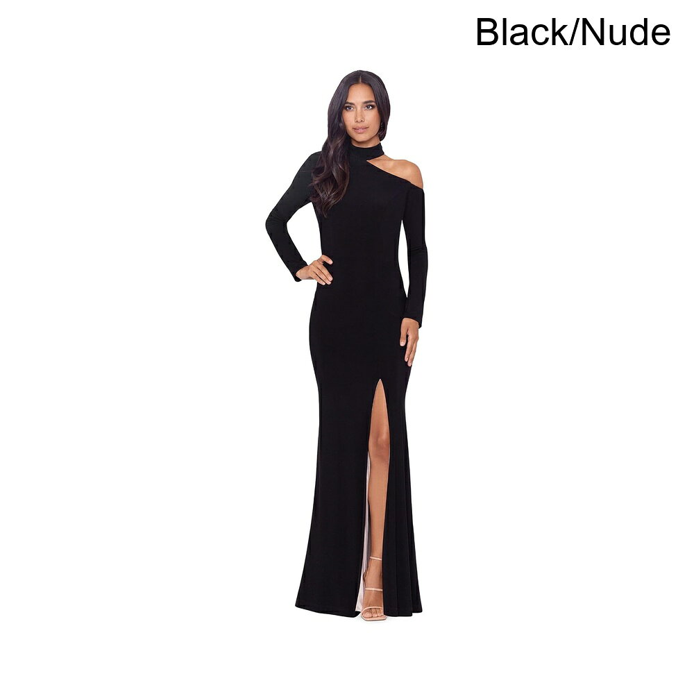 (取寄) エスケープ ロングスリーブワンショルダーカットアウトドレス xscape Long Sleeve One Shoulder Cutout Dress
