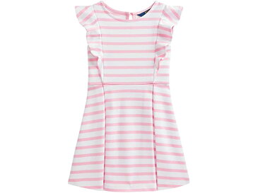 (取寄)ポロ ラルフローレン ガールズ キッズ ストライプド ラッフルド ポンテ ドレス (リトル キッズ) Polo Ralph Lauren Girl's Kids Striped Ruffled Ponte Dress (Little Kids) Carmel Pink/White