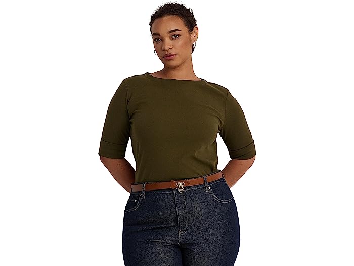 () [ t[ fB[X vX TCY Xgb` Rbg {[glbN TVc LAUREN Ralph Lauren women LAUREN Ralph Lauren Plus Size Stretch Cotton Boatneck Tee Botanic Green