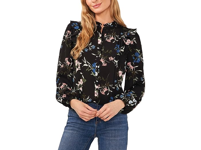 (取寄) シーシー レディース フローラル ボタンアップ ピン タック ロング スリーブ ブラウザ CeCe women CeCe Floral Button-Up Pin Tuck Long Sleeve Blouse Rich Black