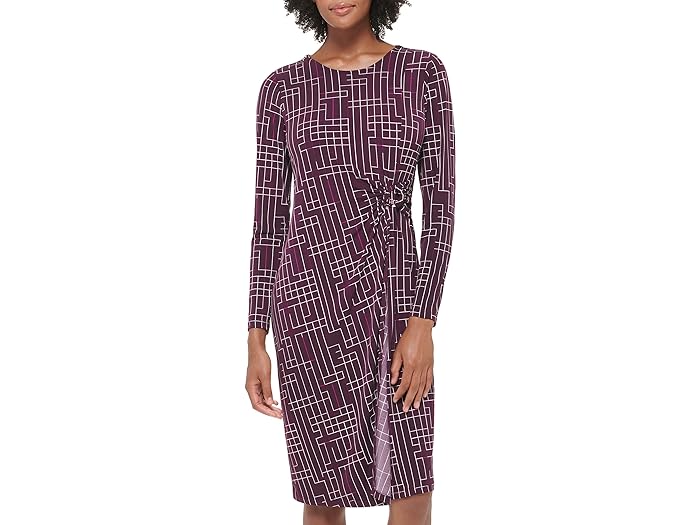 () JoNC fB[X vebh tH[ bv hX W/ n[hEFA Calvin Klein women Calvin Klein Printed Faux Wrap Dress w/ Hardware Aubergine/Multi