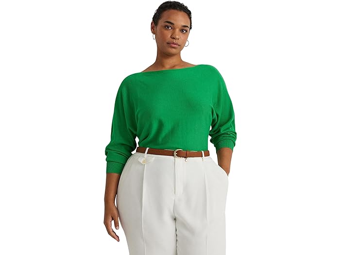 () [ t[ fB[X vX-TCY Rbguh h}-X[u Z[^[ LAUREN Ralph Lauren women LAUREN Ralph Lauren Plus-Size Cotton-Blend Dolman-Sleeve Sweater Green Topaz