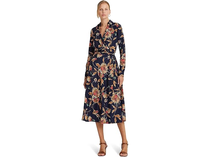 () [ t[ fB[X t[ T[vX N[v ~fB hX LAUREN Ralph Lauren women LAUREN Ralph Lauren Floral Surplice Crepe Midi Dress Navy/Tan/Multi