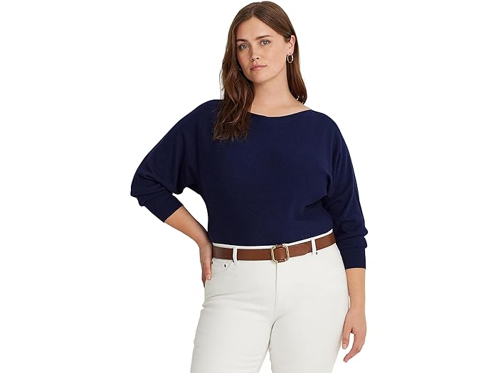 () [ t[ fB[X vX-TCY Rbguh h}-X[u Z[^[ LAUREN Ralph Lauren women LAUREN Ralph Lauren Plus-Size Cotton-Blend Dolman-Sleeve Sweater Refined Navy