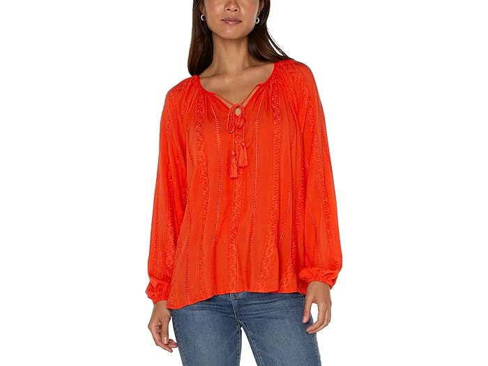 () ov[T[X fB[X GuC_[ V[h uEU EBY lbN ^C Liverpool Los Angeles women Liverpool Los Angeles Embroidered Shirred Blouse with Neck Ties Coral Blaze