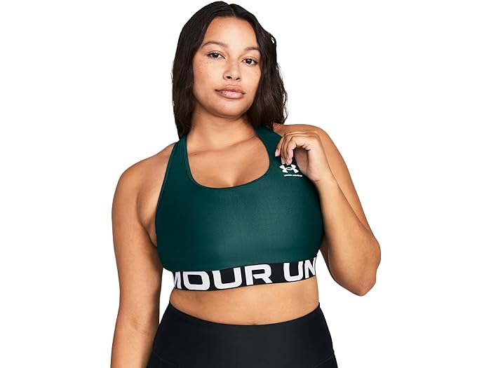 (取寄) アンダーアーマー レディース ヒートギア オーセンティクス ミッド インパクト ブランデット スポーツ ブラ Under Armour women Under Armour HeatGear Authentics Mid Impact Branded Sports Bra Hydro Teal/White