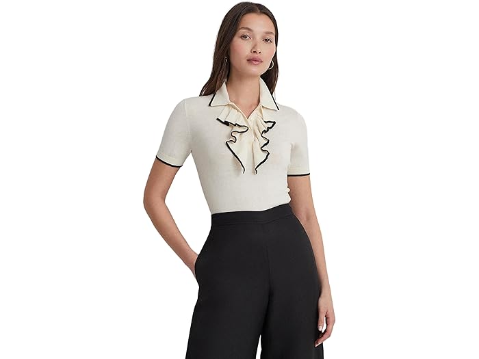 () [ t[ fB[X c[g[ tg | Z[^[ LAUREN Ralph Lauren women LAUREN Ralph Lauren Two-Tone Ruffle-Trim Polo Sweater Mascarpone Cream/Black