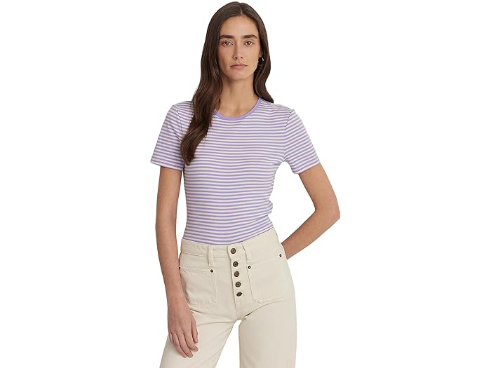 () [ t[ fB[X XgCvh Xgb` Rbg N[lbN TVc LAUREN Ralph Lauren women LAUREN Ralph Lauren Striped Stretch Cotton Crewneck Tee Wild Lavender/Mascarpone Cream