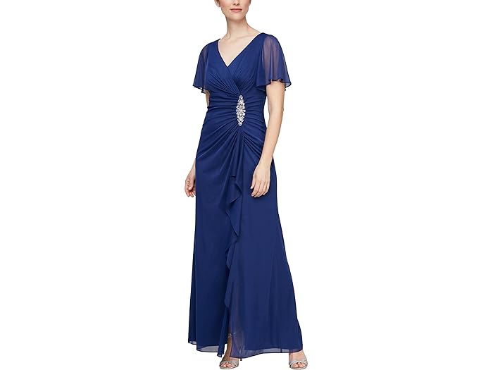 () AbNX CujOX fB[X O hX EBY qbv GxbVg Ah tb^[ X[u Alex Evenings women Alex Evenings Long Dress with Hip Embellishment and Flutter Sleeves Electric Blue