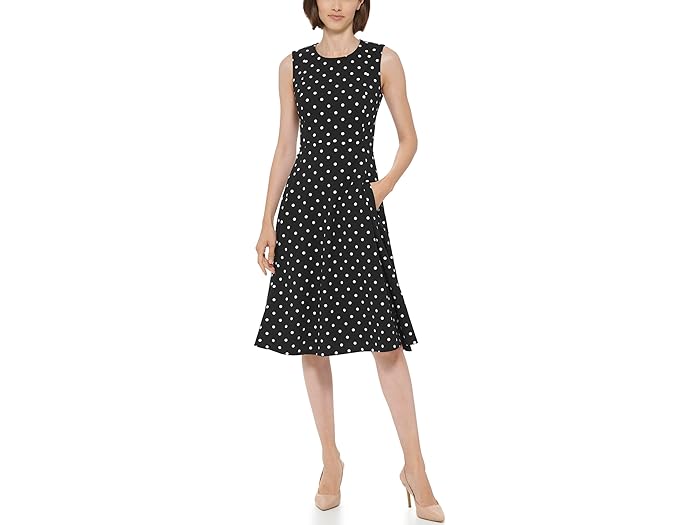 (取寄) カルバンクライン レディース ポルカ ドット フィット アンド フレア スキューバ クレープ ドレス Calvin Klein women Calvin Klein Polka Dot Fit And Flair Scuba Crepe Dress Black/White