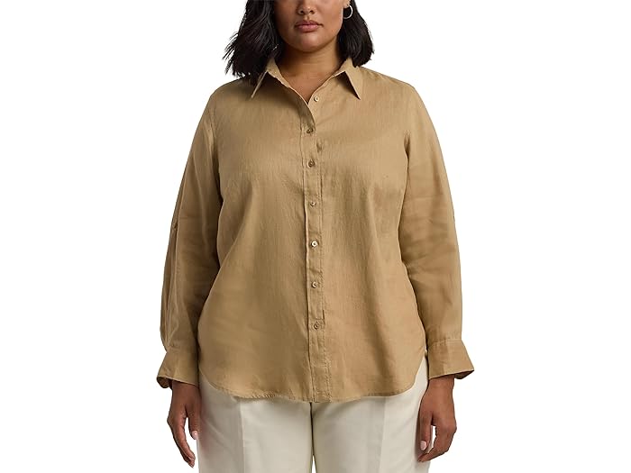 () [ t[ fB[X vX-TCY l [ Vc LAUREN Ralph Lauren women LAUREN Ralph Lauren Plus-Size Linen Roll TabSleeve Shirt Birch Tan