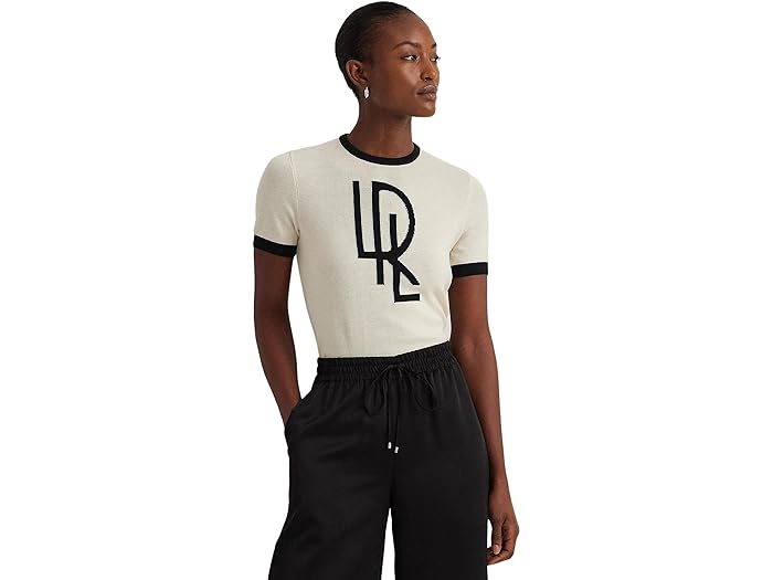 () [ t[ fB[X c[g[ S V[gX[u Z[^[ LAUREN Ralph Lauren women LAUREN Ralph Lauren Two-Tone Logo Short-Sleeve Sweater Mascarpone Cream/Black