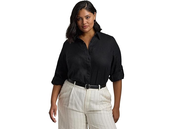 (取寄) ローレン ラルフローレン レディース プラス-サイズ リネン ロール タブ - スリーブ シャツ LAUREN Ralph Lauren women Plus-Size Linen Roll TabSleeve Shirt Polo Black