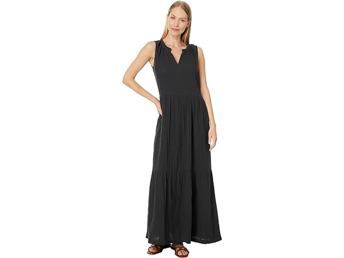 () pNg fB[X R[X^ _u K[[ bt }LV hX PACT women PACT Coastal Double Gauze Ruffle Maxi Dress Black