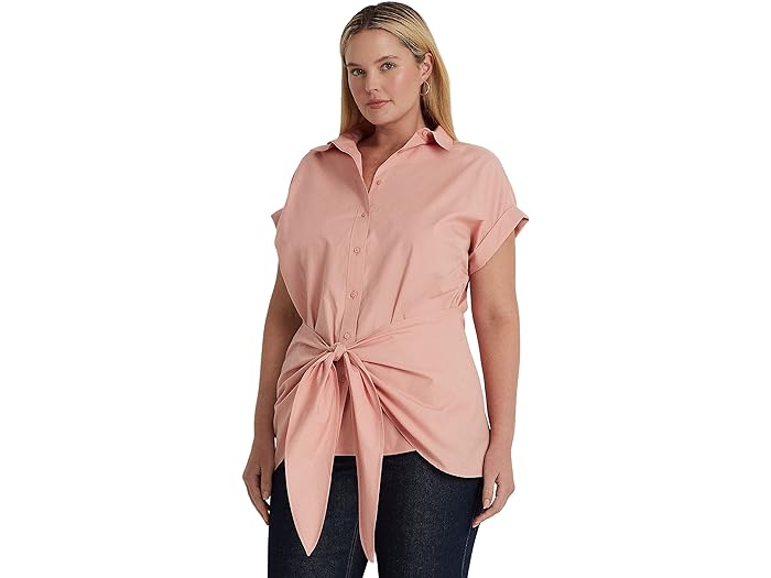 () [ t[ fB[X vX TCY ^Ctg Rbg u[h Vc LAUREN Ralph Lauren women LAUREN Ralph Lauren Plus Size Tie-Front Cotton Broadcloth Shirt Rose Tan