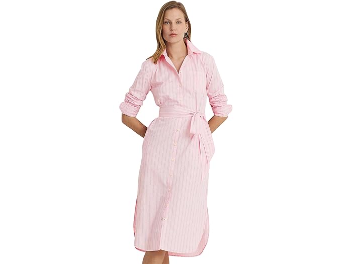 () [ t[ fB[X XgCvh xebh u[h VchX LAUREN Ralph Lauren women LAUREN Ralph Lauren Striped Belted Broadcloth Shirtdress Pink/White Multi