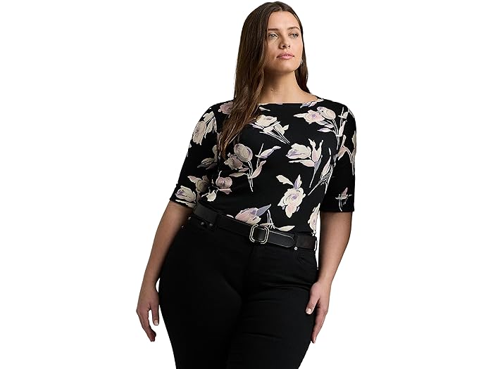 () [ t[ fB[X vX-TCY t[ Xgb` Rbg {[glbN eB[ LAUREN Ralph Lauren women LAUREN Ralph Lauren Plus-Size Floral Stretch Cotton Boatneck Tee Black/Cream Multi