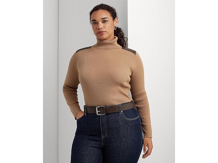 () [ t[ fB[X vX TCY tH[ U[ g uh ^[glbN LAUREN Ralph Lauren women LAUREN Ralph Lauren Plus Size Faux Leather Trim Ribbed Turtleneck Classic Camel