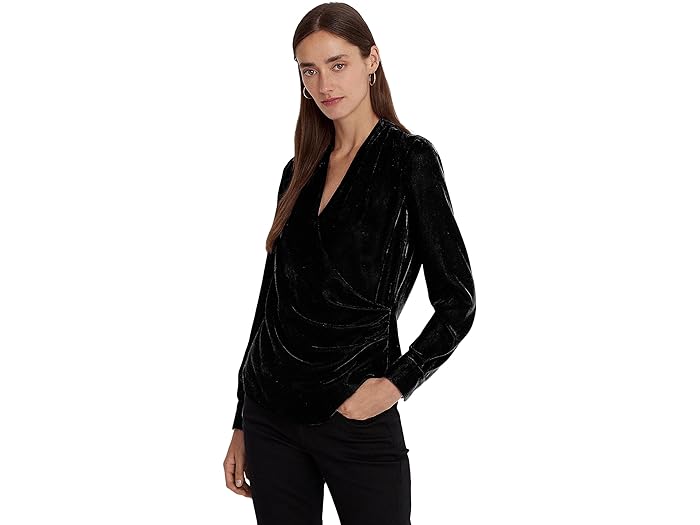 (取寄) ローレン ラルフローレン レディース プリーツ ベルネット サープリス ブラウザ LAUREN Ralph Lauren women LAUREN Ralph Lauren Pleated Velvet Surplice Blouse Black Velvet