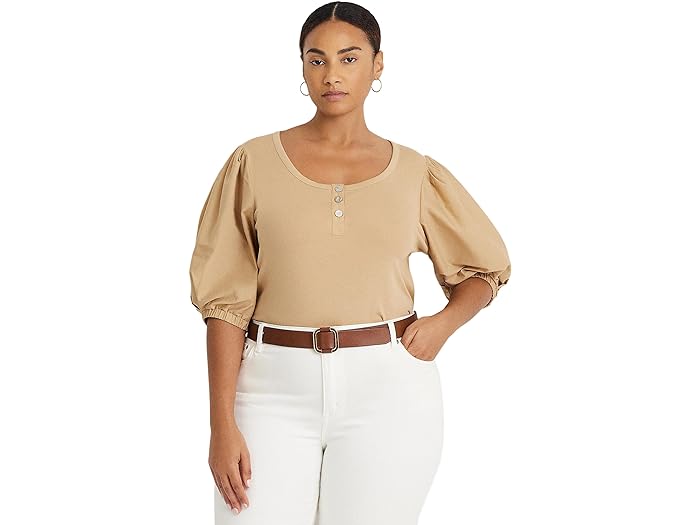 () [ t[ fB[X vX-TCY Xgb` Rbg ptX[u w[ eB[ LAUREN Ralph Lauren women LAUREN Ralph Lauren Plus-Size Stretch Cotton Puff-Sleeve Henley Tee Birch Tan