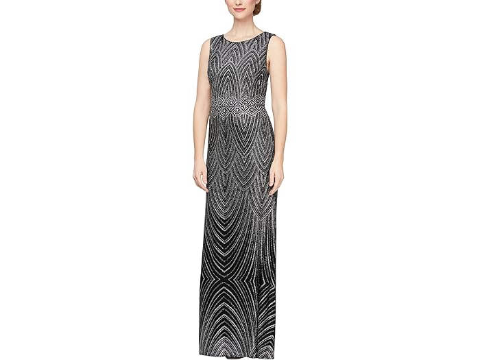 () AbNX CujOX fB[X O X[uX hX EBY p^[h Ob^[ fBe[ Alex Evenings women Alex Evenings Long Sleeveless Dress with Patterned Glitter Detail Black/Silver