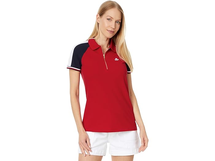 (取寄) トミーヒルフィガー レディース カラーブロック ラグラン ジップ ポロ Tommy Hilfiger women Tommy Hilfiger Color-Block Raglan Zip Polo Scarlet