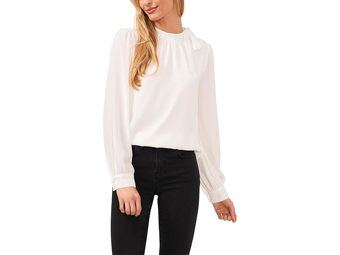 () V[V[ fB[X O X[u ^C lbN {^ V_[ uEU CeCe women CeCe Long Sleeve Tie Neck Button Shoulder Blouse New Ivory