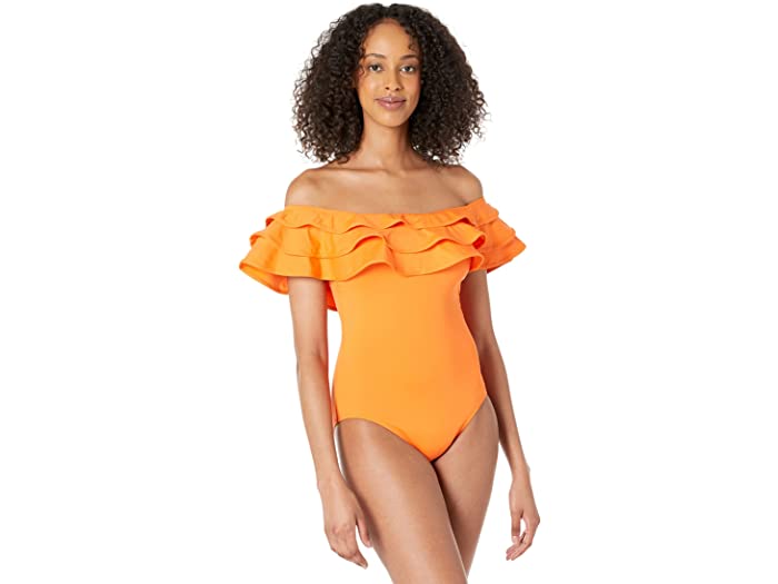 (取寄) ケイトスペード パーム ビーチ ラッフル オフショルダー ワンピース w/ リムーバブル ソフト カップス Kate Spade New York Palm Beach Ruffle Off-the-Shoulder One-Piece w/ Removable Soft Cups Orange Soda