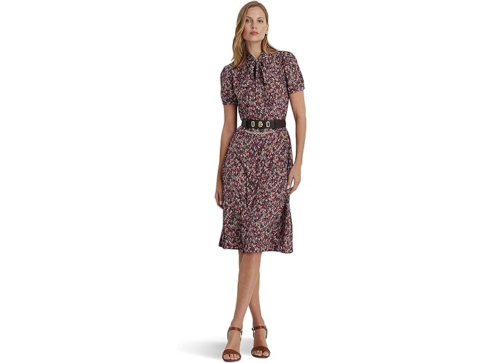 () [ t[ fB[X t[ N[v ^C lbN VchX LAUREN Ralph Lauren women LAUREN Ralph Lauren Floral Crepe Tie Neck Shirtdress Navy/Burgundy Multi