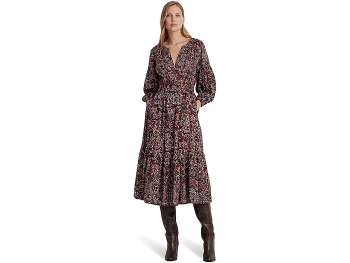 () [ t[ fB[X seB[g t[ xebh Rbg {C eBA[h hX LAUREN Ralph Lauren women LAUREN Ralph Lauren Petite Floral Belted Cotton Voile Tiered Dress Burgundy Multi