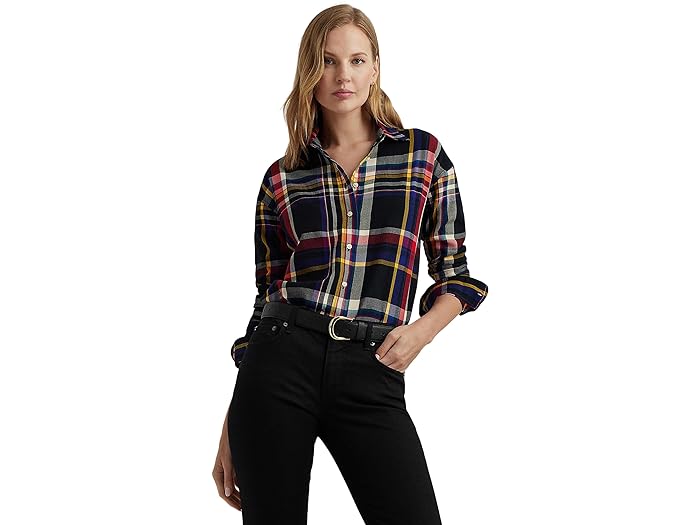 () [ t[ fB[X `FbN vCh Rbg cC Vc LAUREN Ralph Lauren women LAUREN Ralph Lauren Checked Plaid Cotton Twill Shirt Black/Red Multi