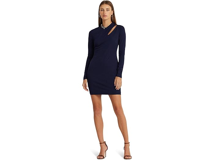 () [ t[ fB[X `F[-g W[W JNe hX LAUREN Ralph Lauren women LAUREN Ralph Lauren Chain-Trim Jersey Cocktail Dress Refined Navy