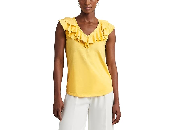 () [ t[ fB[X tg Xu W[W X[uX eB[ LAUREN Ralph Lauren women LAUREN Ralph Lauren Ruffle-Trim Slub Jersey Sleeveless Tee Primrose Yellow