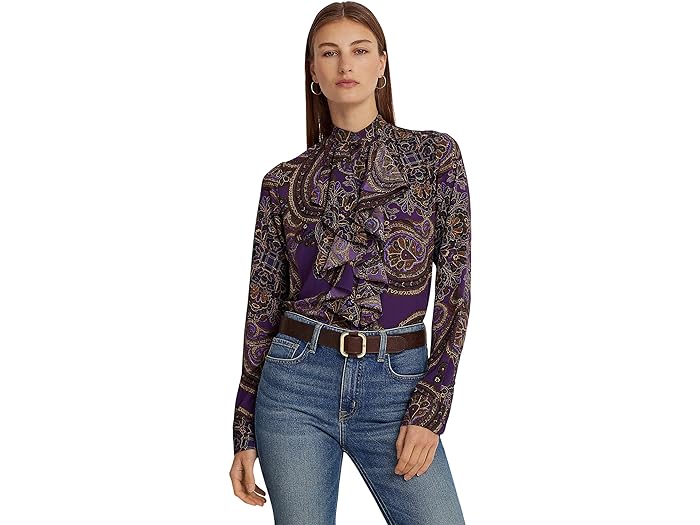() [ t[ fB[X yCY[ tg W[[bg Vc LAUREN Ralph Lauren women LAUREN Ralph Lauren Paisley Ruffle-Trim Georgette Shirt Purple Multi